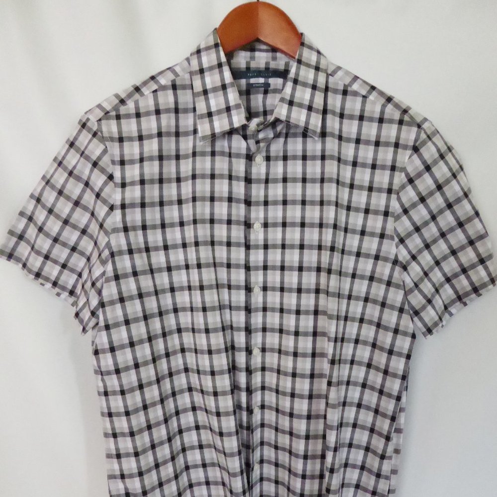 PERRY ELLIS STRETCH MENS BLACK GRAY WHITE CHECKERED PRINT SHIRT (PRE-OWNED)LARGE